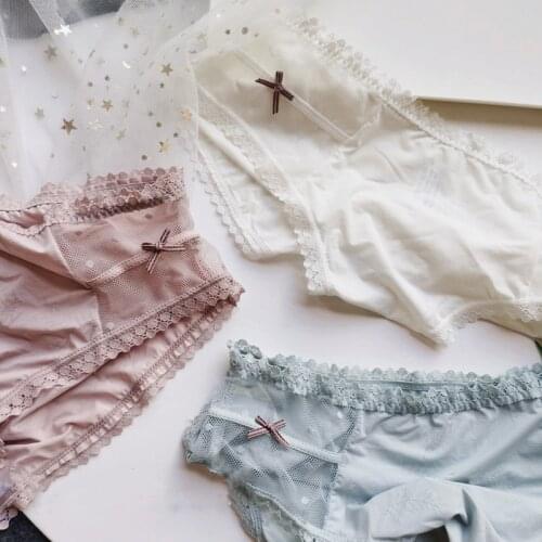 Lovely Panties For Girl Sexy Lingerie Ice Silk Coast Lace Bow Low Waist Cotton Womens Underwear Seamless Transparent Hollow Out