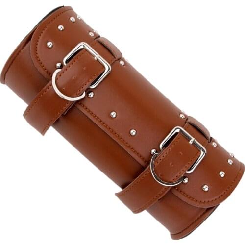 Motorcycle Studded Roll Tool Saddle Bag Leather Motorbike Luggage Brown
