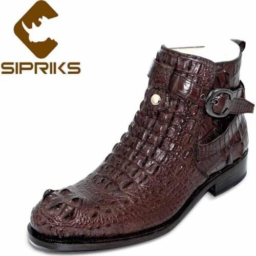 Sipriks Mens Buckle Strap Shoes Dark Brown Crocodile Leather Boots Italian Designer Genuine Leather Sole Ankle Boots Cowboy Male