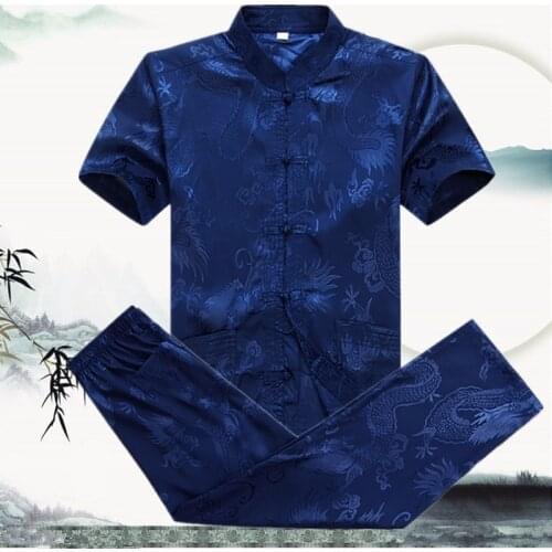 Chinese Tradition Style Dragon Pattern Kung Fu Mens Mandarin Collar Tang Suit Shirts + Pants Sets Wing Chun Kung Fu Clothes