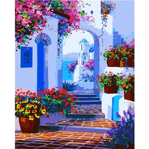 Painting By Numbers DIY Dropshipping Flowers in Full Bloom along the Street Landscape Canvas Wedding Decoration Art picture Gift