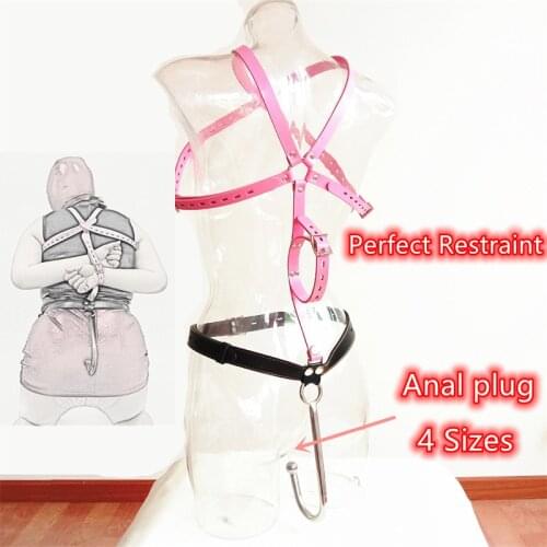 Metal Butt Plug Anal Hook Set With Handcuffs Belt Leather BDSM Bondage Harness Back Pack Chest Restraint