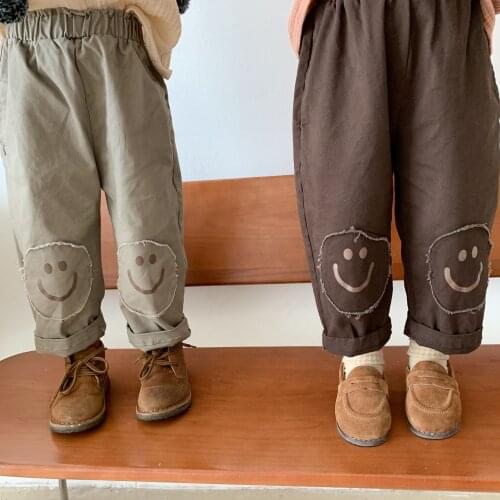 2021 Brand New 2-6T Boys Pants Autumn Smile Pattern Patchwork Kids Trousers Girls Clothing Elastic Waist Boy Casual Pants