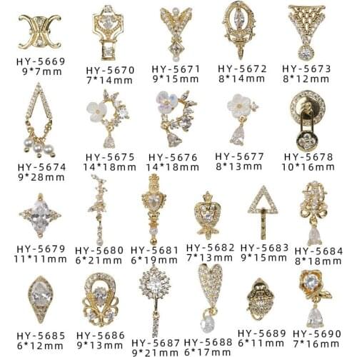 20pcs/pack Classical Pendant Charm Zircon 3D Nail Art Decorations Golden Alloy Crystal Pearl Jewelry Manicure Design Accessories