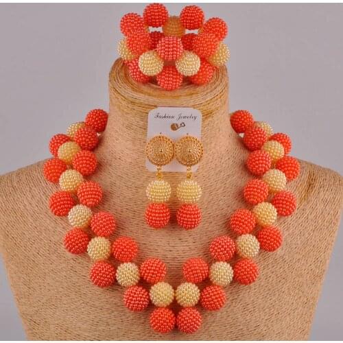 Orange and champagne gold nigerian wedding african necklace jewelry set FZZ109