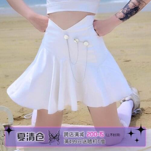 Original Sweet Hot High Waist White Y2k Asymmetric A-line Mini Skirt Metal Chain Young Preppy Style Fluffy Skirt Skirts Summer