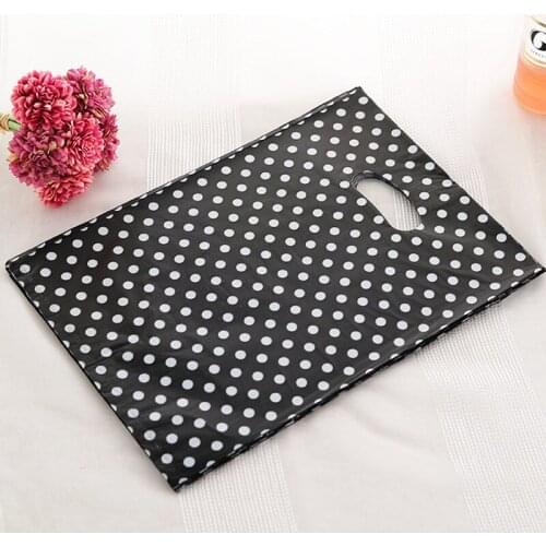 50pcs/bag White Round Dots Black Plastic Bag 25x35cm Shopping Jewelry Packaging Plastic Gift Bag With Handle