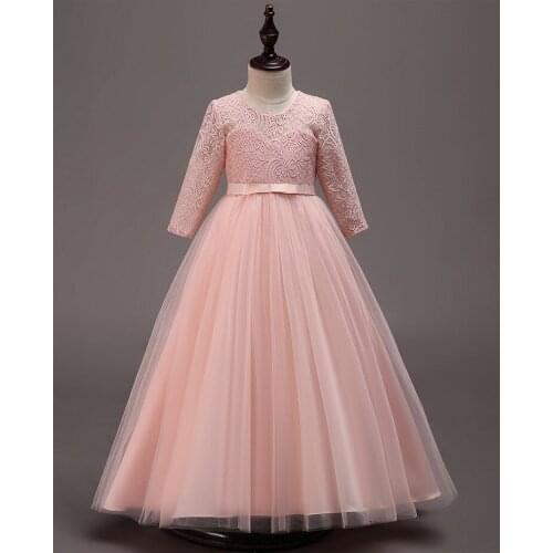 Explosion models new childrens princess dress in the big childrens lace solid color long-sleeve dress