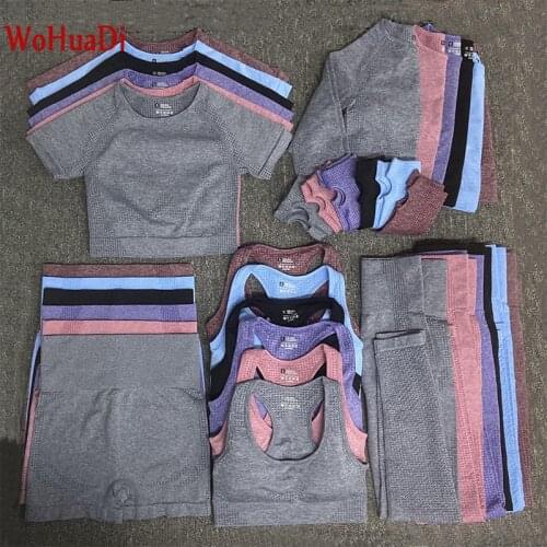 WOHUADI Sportswear For Women Clothing 2020 Seamless Yoga Set Fitness Suits Short Sleeve Shirt High Waist Leggings Sports Bra Gym