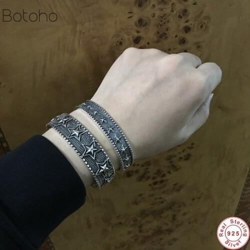 Real Pure 925 Sterling Silver colour 16mm Five Pointed Star Open Cuff Bangle Bracelet for Big Men Vintage Punk Rock Man Jewelry