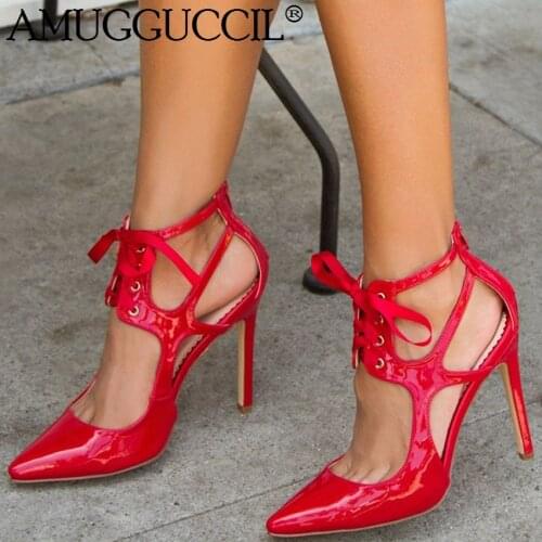 2020 New Plus Big Size 35-47 Black Red Lace Up Fashion Sexy High Heel Party Spring Summer Females Lady Shoes Women Pumps D1277