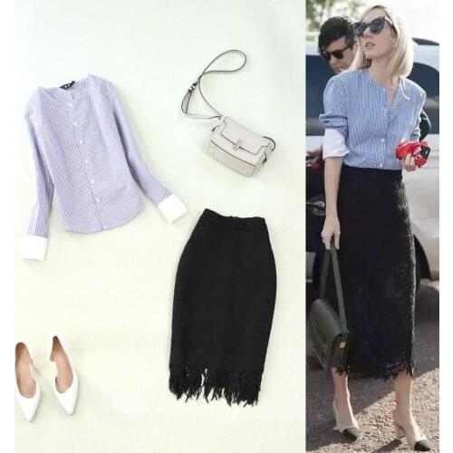Set womens new fashion temperament blue and white striped long-sleeved shirt + tassel lace bag hip skirt two-piece suit