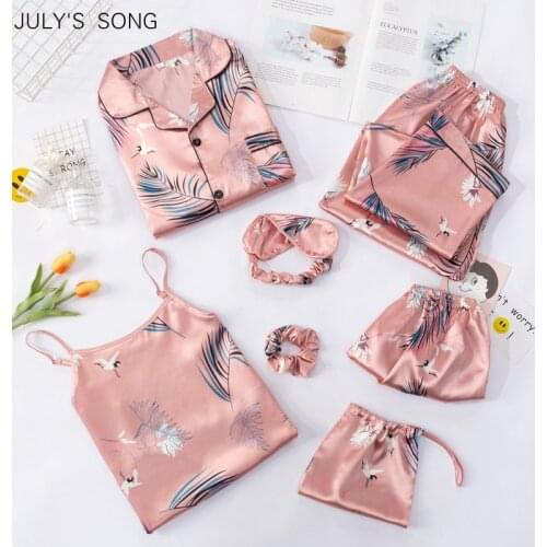 JULYS SONG New Fashion Women Pajamas Set 7 Pieces Stripes Faux Silk Printing Sleepwear Woman Suit Spring Summer Autumn Homewear