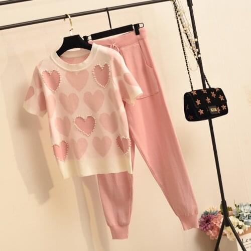 Korean summer Love printed knitted 2 Peice Set Women long sleeve beading Sweater Female tops+pants Suit pink casual Tracksuit