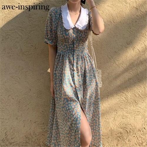 Awe-inspiring Women Chiffon Dress Summer Fashion Female Puff Sleeve Vintage Floral Print Peter Pan Collar Boho Dress Vestidos