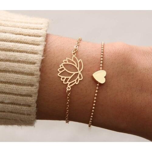 2Pcs Simple Gold Color Personality Hollow Lotus Lovely Tiny Heart Bracelets Bangle Multilayer Bracelets Jewelry Gift for Women
