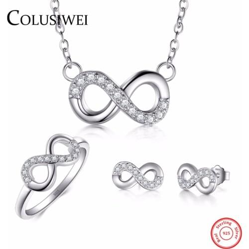 2018 Sale Solid 925 Sterling Silver Jewelry Set Clear CZ Infinite Love Ring Romantic Stud Earrings Fashion Necklace Chain