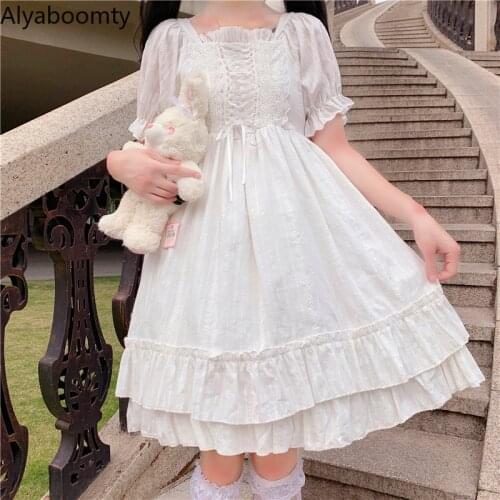 2021 Japanese Summer Women White Lolita Dress Square Collar Lace Up High Waist Princess Dress Cute Kawaii Ruffles Party Dresses