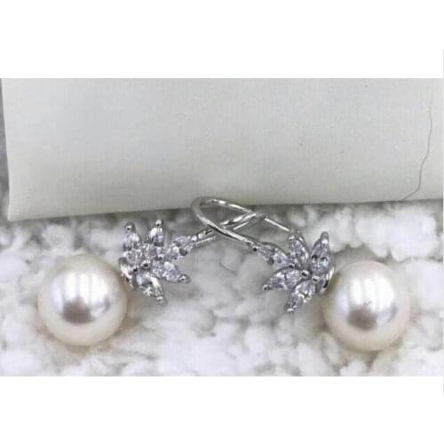 Free shipping charming 9-10mm Freshwate dangle white pearl earring 925 silver