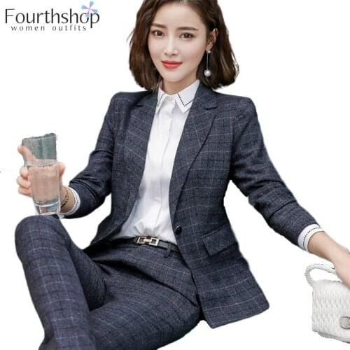 Fashion Plaid Design Pant Suits for Women Office Lady Business Work 2 Pieces Pants Blazer Set Winter Formal Jacket Suit Female