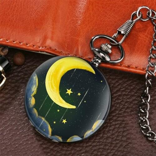 Pocket Watch Moon Design Creative Pocket Clock Antique Black Pendant Watch Gifts Men Women with Pocket Chain reloj de bolsillo