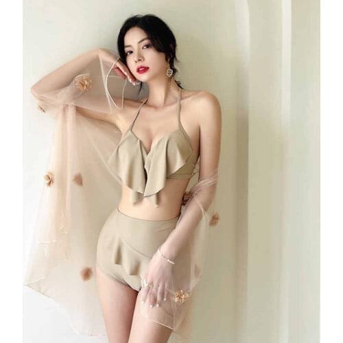 Korean Version Of High Waist Split Bikini Net Yarn Small Fresh Three-Dimensional Petal Three-Piece Sexy Beach Hot Spring Swim