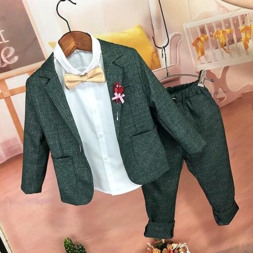 Boys Suit 2020 Spring New Korean Casual Children Girl Suits Blazers Pants Two-piece Sets with Tie and Flower Gentleman Clothing