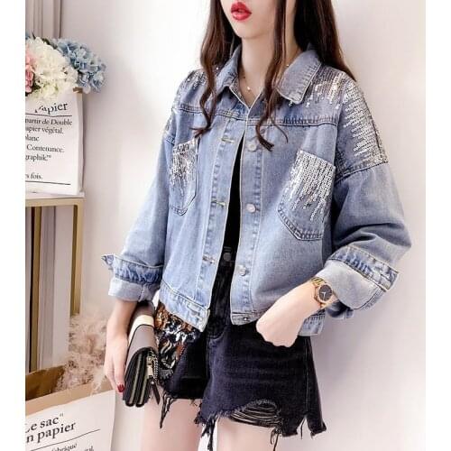 Women Denim Jacket 2021 New Autumn Boho Sequin Turn Down Collar Long Sleeve Jeans Coat Outerwear Female Casual Jacket Plus Size