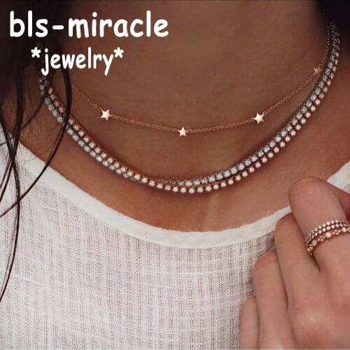 Multiple Layers Gold Silver Color Rhinestone Crystal Choker Necklaces For Women Star Chain Link Charm Necklace Jewelry