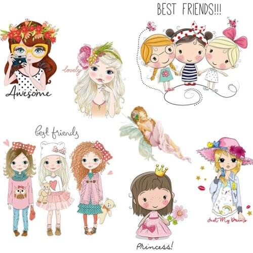 Fashion Lovely Girls Patches Iron on Transfer Patches for Clothing Heat Transfers Stickers on Clothes for T-shirts DIY Appliques