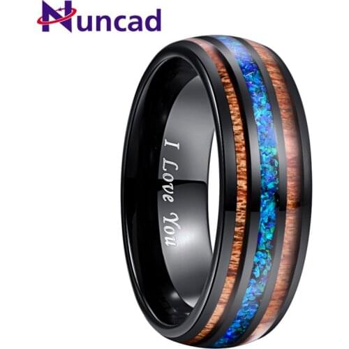 NUNCAD 8mm Black Dome Acacia Wood Men Ring Blue Opal Tungsten Carbide Ring Romantic Wedding Engagement Ring Bague Homme