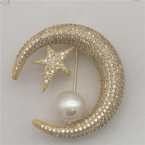 Wholesale Alluring New Style Austria Zircon Inlay stars moon Shape FW white Pearl Brooch Scarf Clips Breastpin pendant