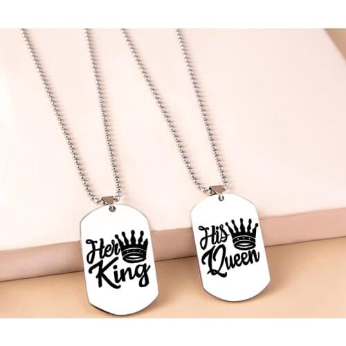 Hip Hop Rock Stainless Steel Couple Necklace Engraved Her King His Queen Crown Necklaces Gifts For Boyfriend Girlfriend