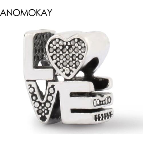 Anomokay Antique Silver Color Love Charms fit Bracelet Necklace DIY Heart Beads for Jewelry Making 2 Pcs/Lot