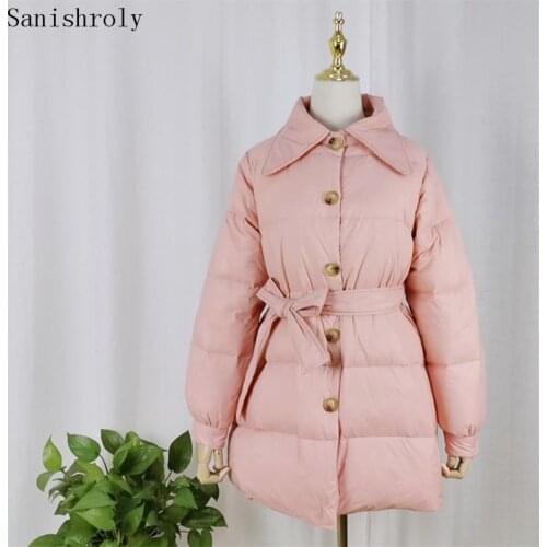 Sanishroly Winter Women A-Line Down Coat Warm Thicken Sashes White Duck Down Jacket Parka Female Midi Long Outwears Tops SE1094