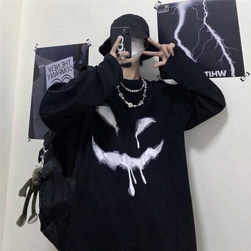 Early autumn trend ins Korea retro dark hip-hop smiley face printing loose Harajuku long-sleeved T-shirt men and women