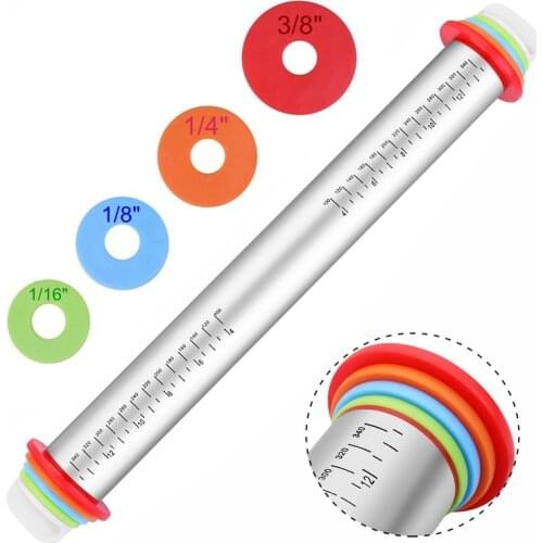 Adjustable Stainless Steel Rolling Pins Dough Roller with 4 Removable Adjustable Thickness Rings for Baking Dough Pizza Pie