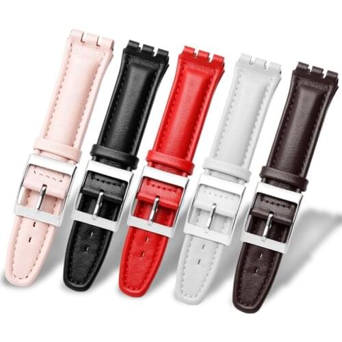 CICIDD Plain Weave Genuine Leather Watch Bands For Swatch Bracelet 17mm 19mm Black White Red Strap Pin Buckle