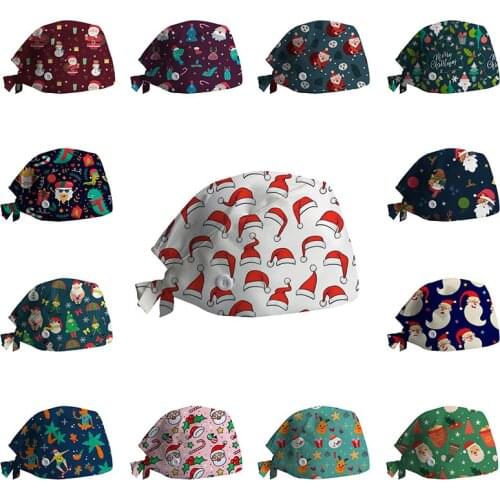 2020 Scrub Cotton Nurse Hat Floral Bouffant Sanitary Cap with Sweatband Cartoon Printing Nursing Confortable Hat Christmas Hat