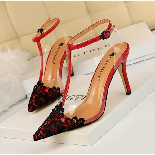 Party Women Sandals Shoes Fashion Lace Pointed Toe PU Leather Buckle Strap 8.5cm Thin High Heels Lady Sexy Female Pump Shoes