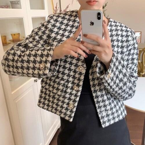 Womens Vintage Houndstooth Short Jackets Coats Elegance England V-Neck Korean Loose Female Casual Outerwear Tops
