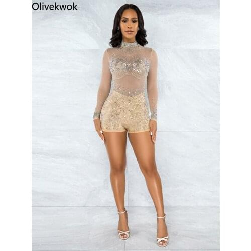 Olivekwok 2021 Autumn Woman Fashion Solid Sexy O-neck Casual Long Sleeve Mesh Black and Beige Playsuits