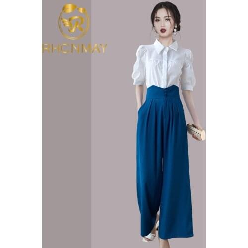 Korean Fashion Women Outfits 2021 Summer Vintage Puff Sleeve White Shirt Tops & Wide Leg Long Pants Elegant Lady Suits