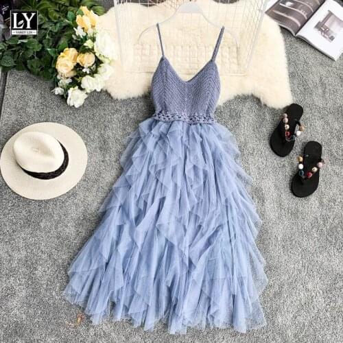 LY VAREY LIN 2021 New Women Summer Mesh Tulle Dress High Waist Hem Asymmetrical Pleated Fairy Dress Female Slim Mesh Dresses