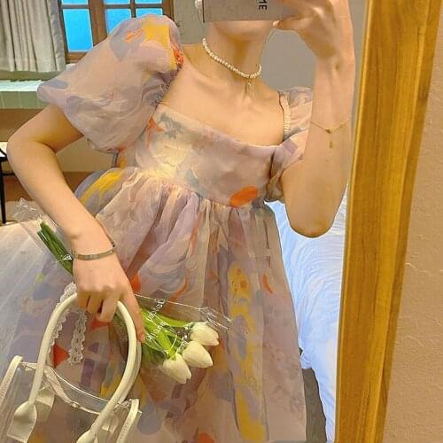 French Princess Vintage Dress Women Sexy Backless Korean Party Floral Dress Female Elegant Puff Sleeve Fairy Sweet Dress 2021