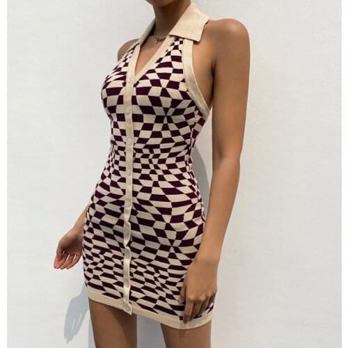 90s Plaid Knit Backless Bodycon Dress Women Y2K Vintage 2021 Summer Brown Sleeveless Halter Neck Mini Dresses Sexy Clothes