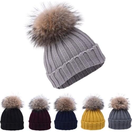HanXi Winter Women Beanie Hat Big Raccoon Fur Pom pom Knitting Skullies for Kids Children Parents Caps