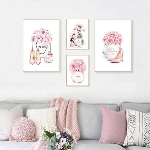 Pink Flowers Perfume Bottle Art Poster Fashion Canvas Painting Rose High Heel Wall Art Print Vogue Wall Pictures Girl Room Decor