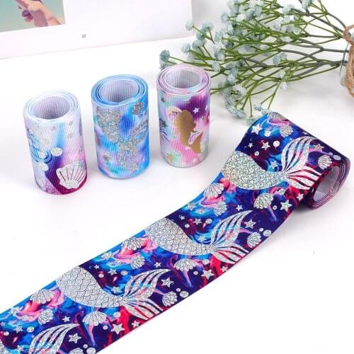 2yards/Roll 7.5cm Printing Ribbon Sequin Mermaid Pattern DIY Sewing Craft Supplies Gift Hair Accessories Christmas Decoration