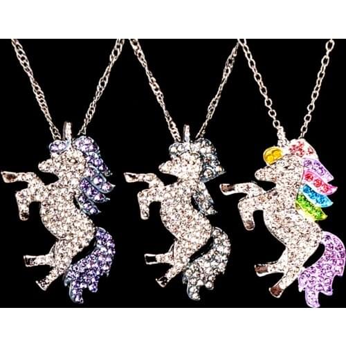 Fashion Purple Colorful White Crystal Unicorn Metal Pendant Chain Necklace Women Girl Jewelry Gift